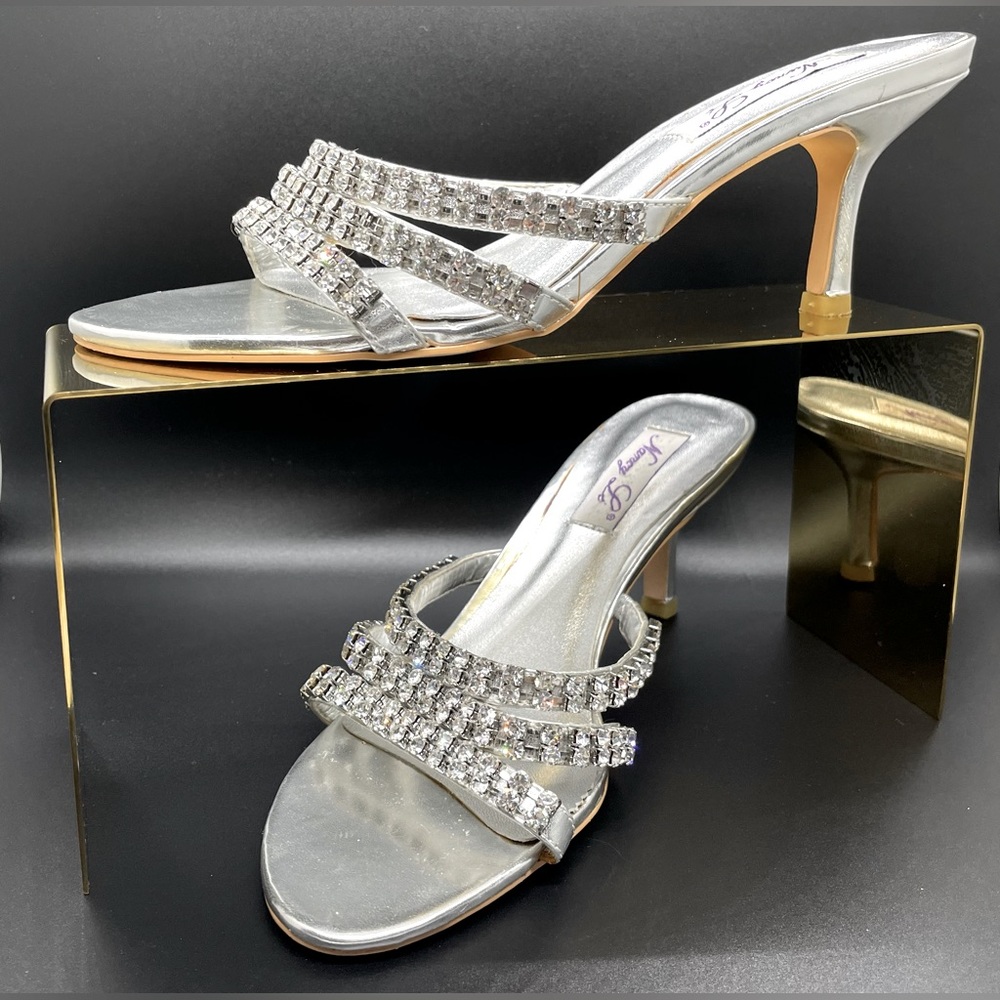 Nancy Li, F5306, Silver, Sandal, 3 Rhinestone Straps, 2-2.5” Heel, 7.5